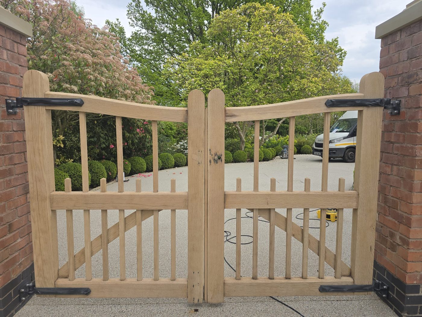 Restored oak garden gate after sandblasting