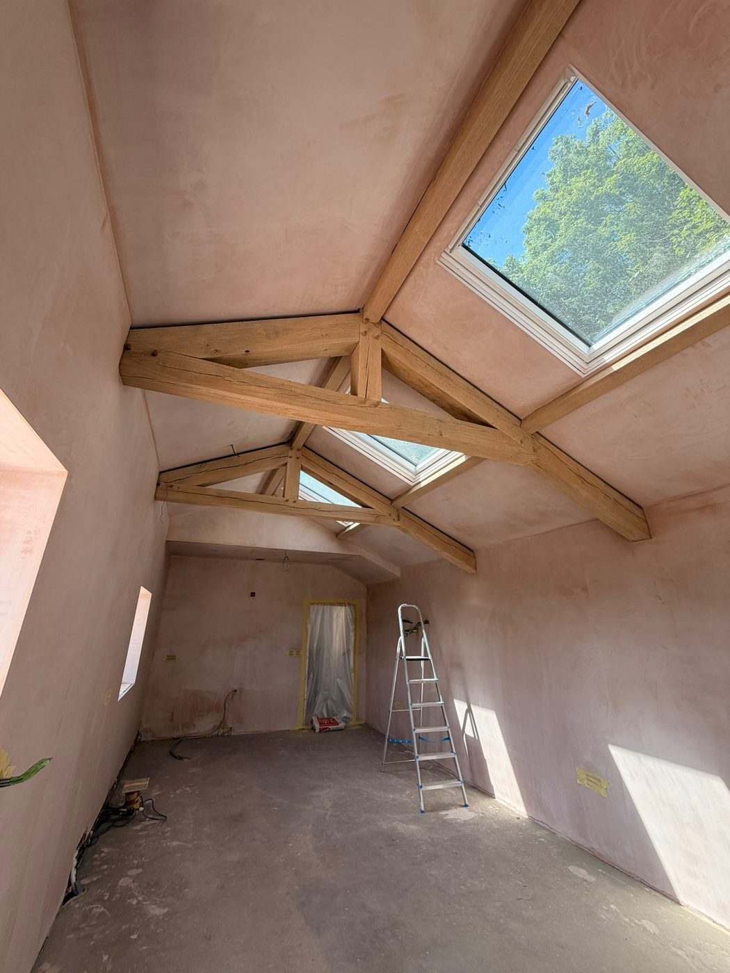 Cleaned A-frame roof trusses after restoration
